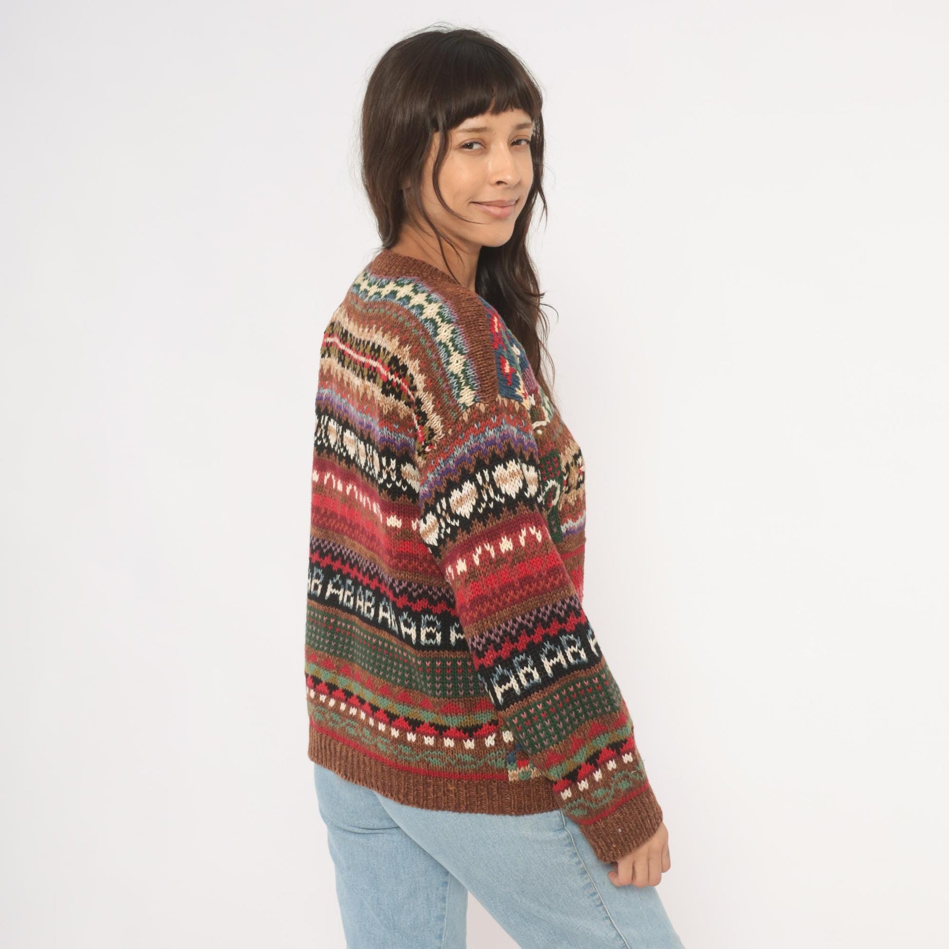 90s Tiara International Patchwork Cardigan Floral Fair Isle Knit Brown Small