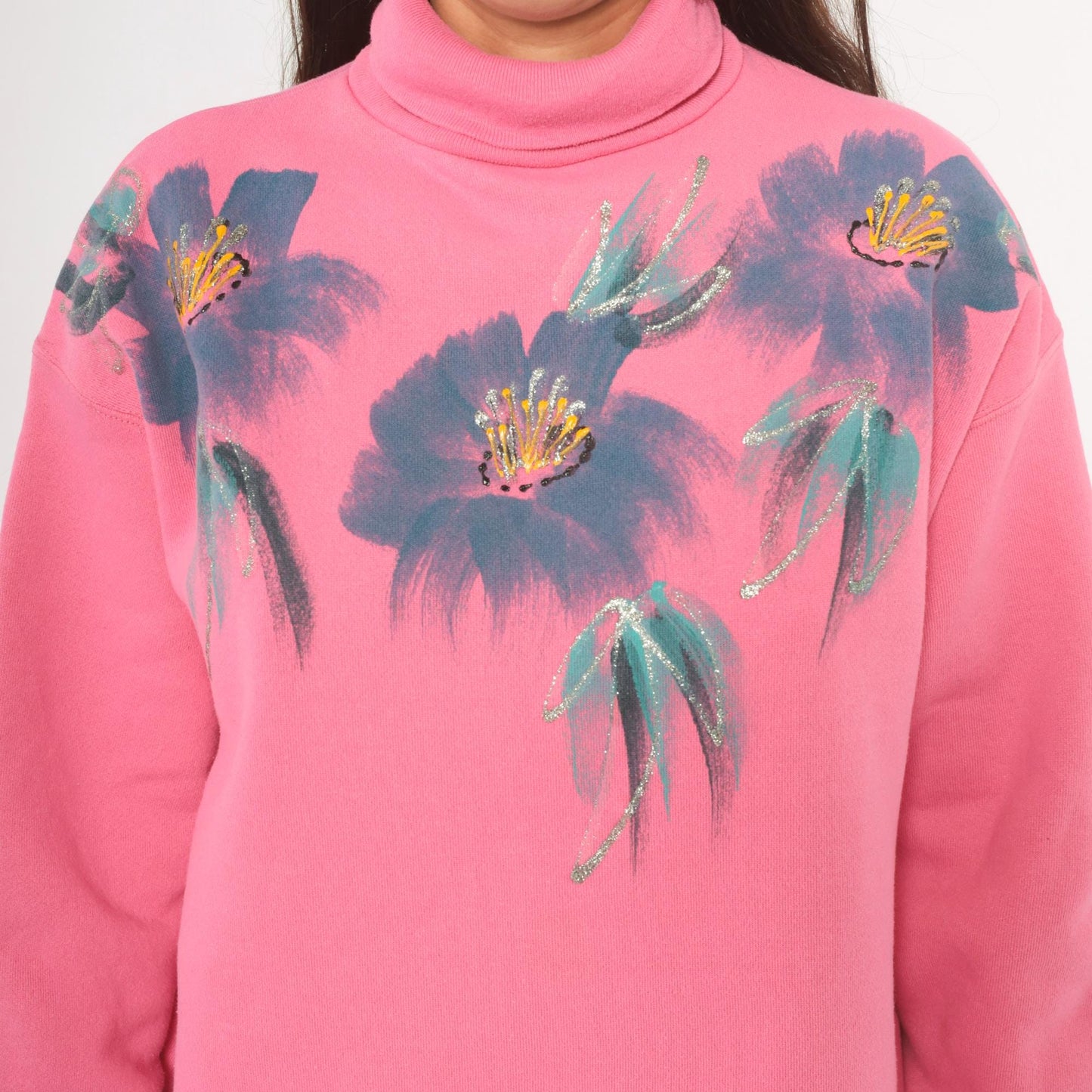 90s Tultex Pink Turtleneck Sweatshirt Floral Hand-Painted Glitter Extra Large XL