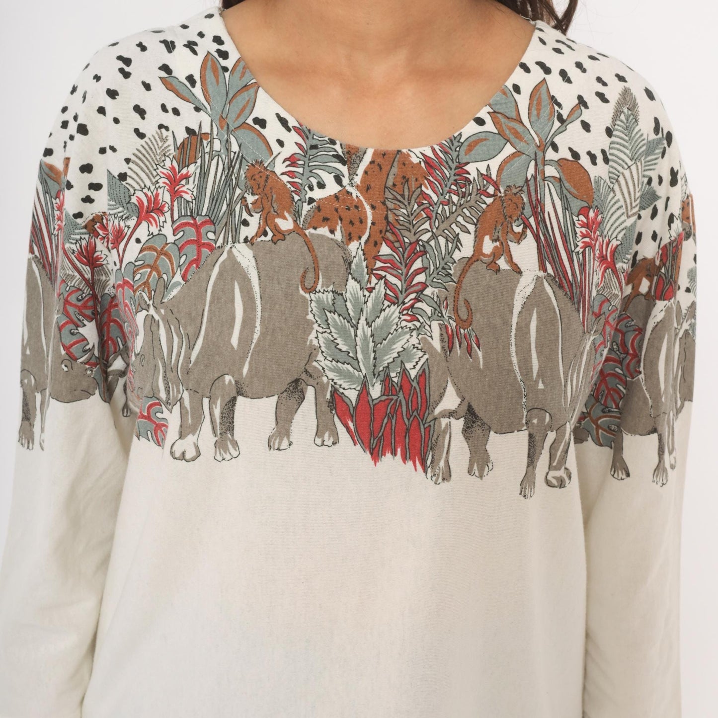 90s Enchante Sport Safari Animal Print Top Cream Jungle Scene Large L