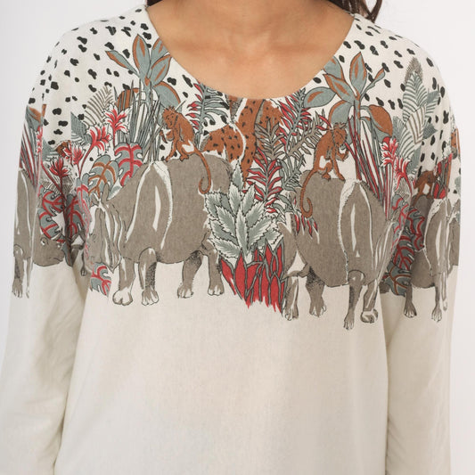 90s Enchante Sport Safari Animal Print Top Cream Jungle Scene Large L