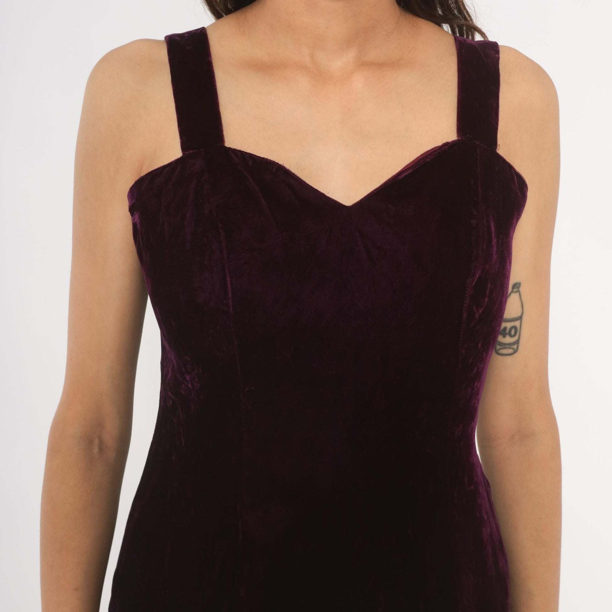 70s Plum Velvet Maxi Dress Sweetheart Neckline Side Slit Medium M