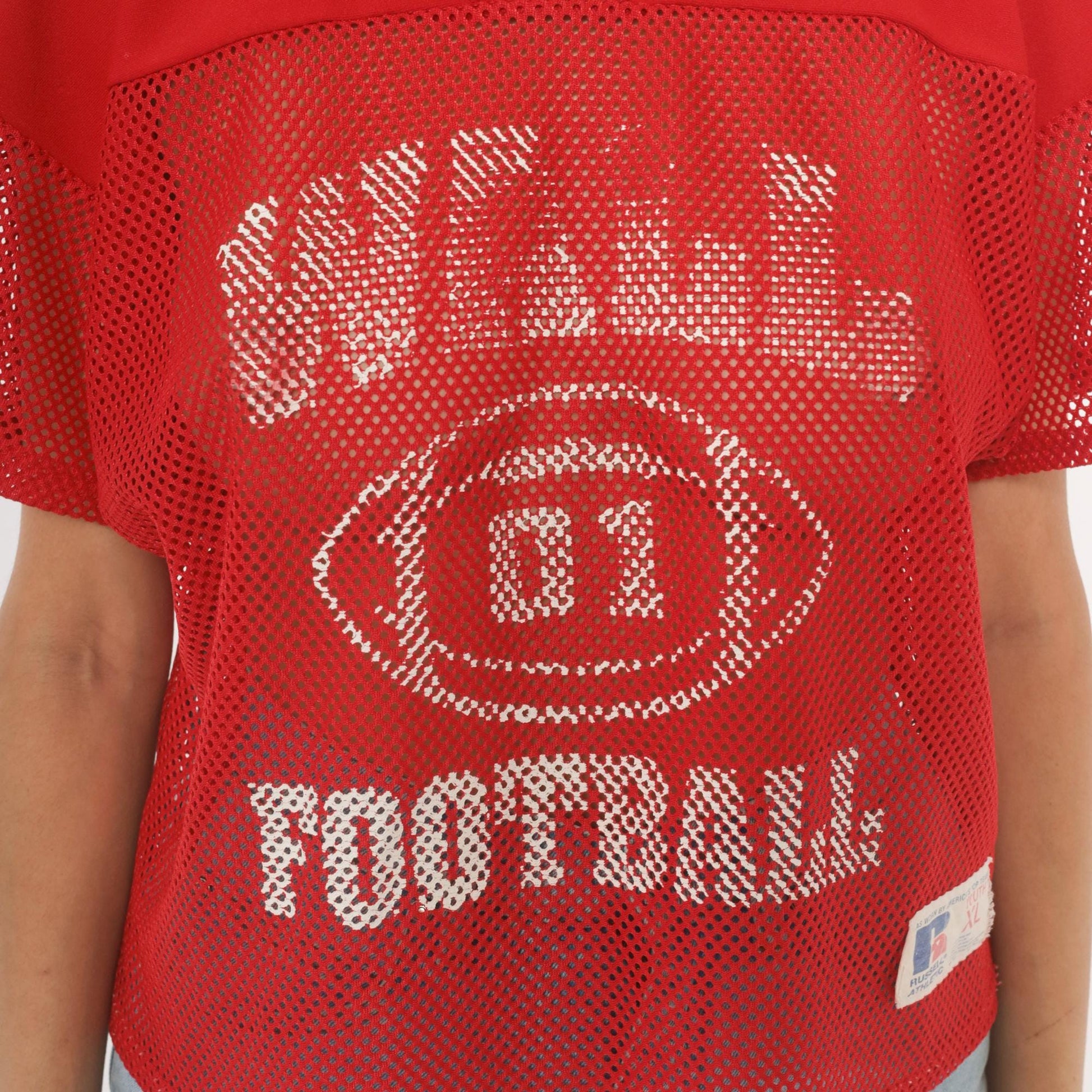 90s Russell Athletic Mesh Football Jersey Red Graphic Crop Medium