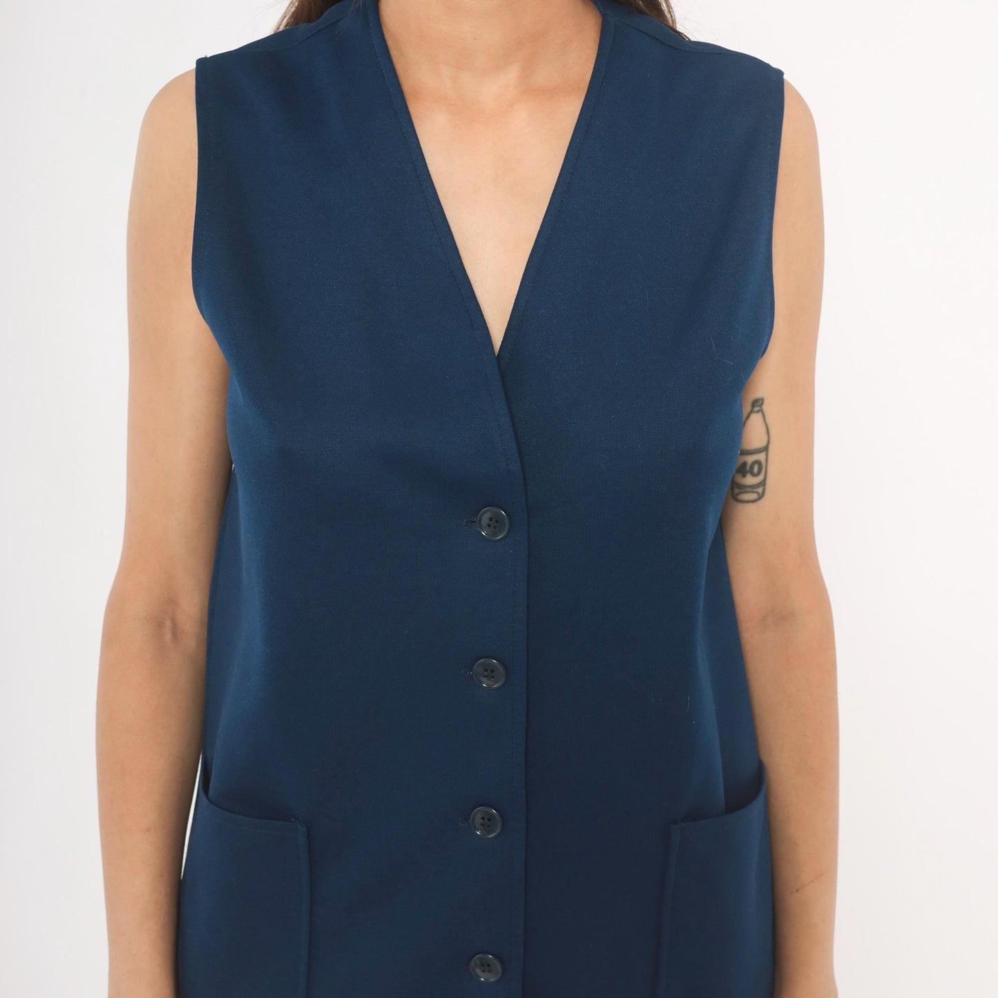 70s Navy Button Front Vest V Neck Longline Knit Top Medium M