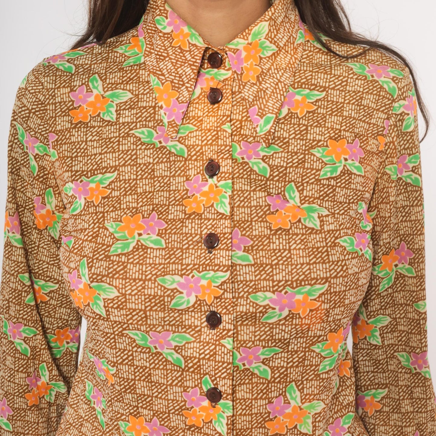 70s Floral Button-Up Blouse Pointed Collar Brown Pink Orange Green Small