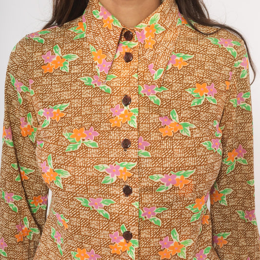 70s Floral Button-Up Blouse Pointed Collar Brown Pink Orange Green Small