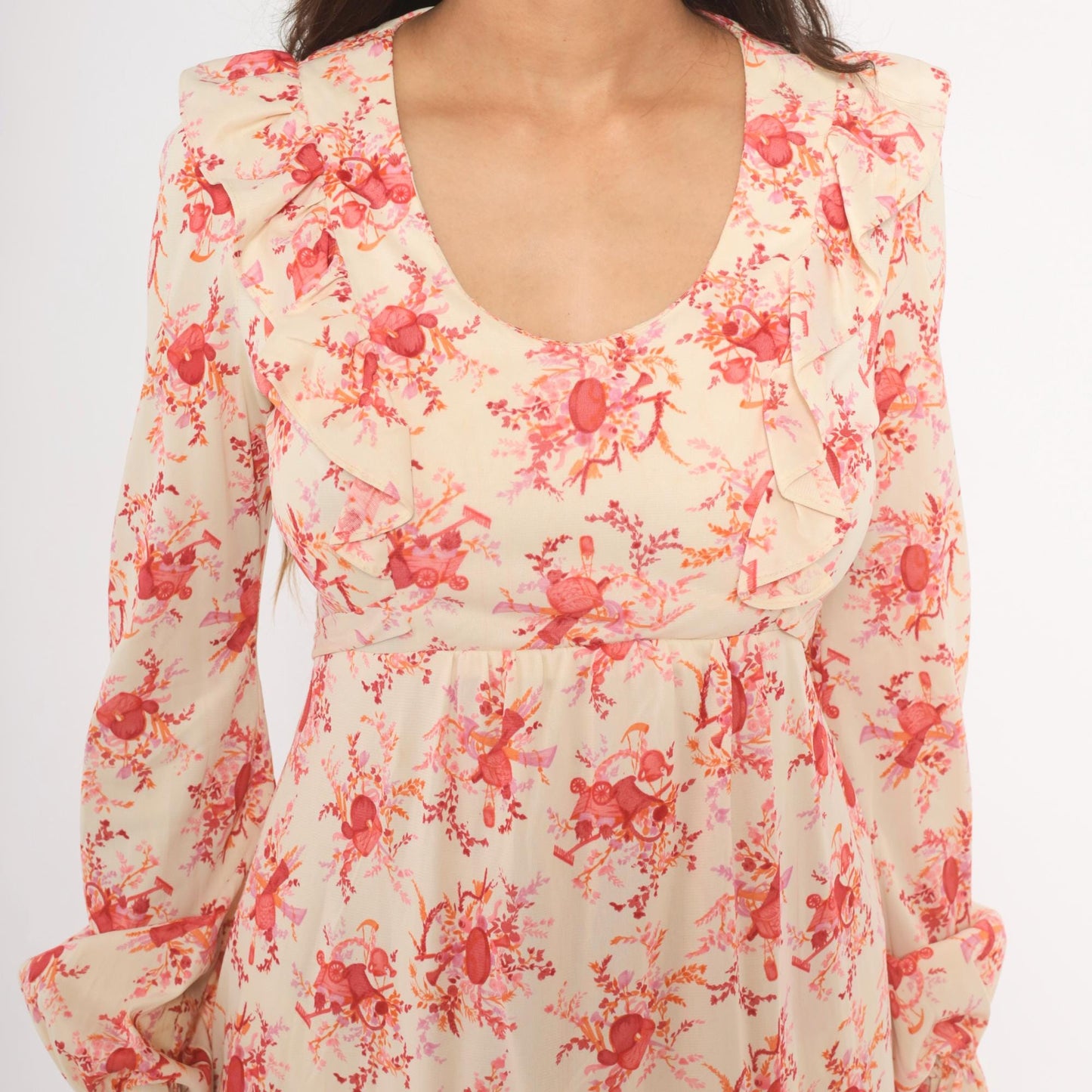 70s Cream Pink Floral Mini Dress Ruffle Collar Bell Sleeve Tie Waist Medium