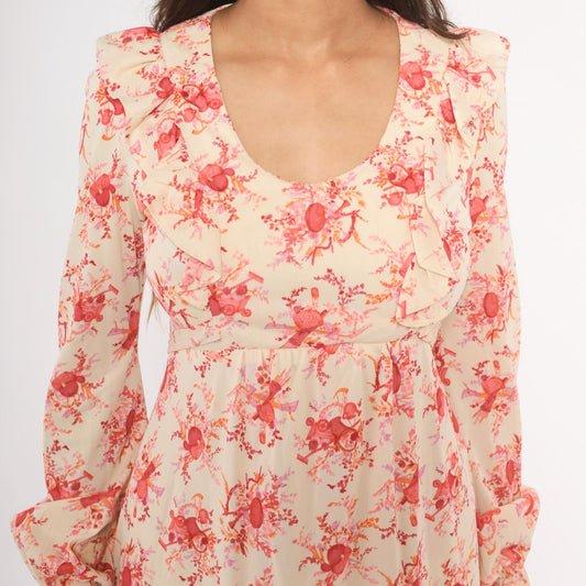 70s Cream Pink Floral Mini Dress Ruffle Collar Bell Sleeve Tie Waist Medium