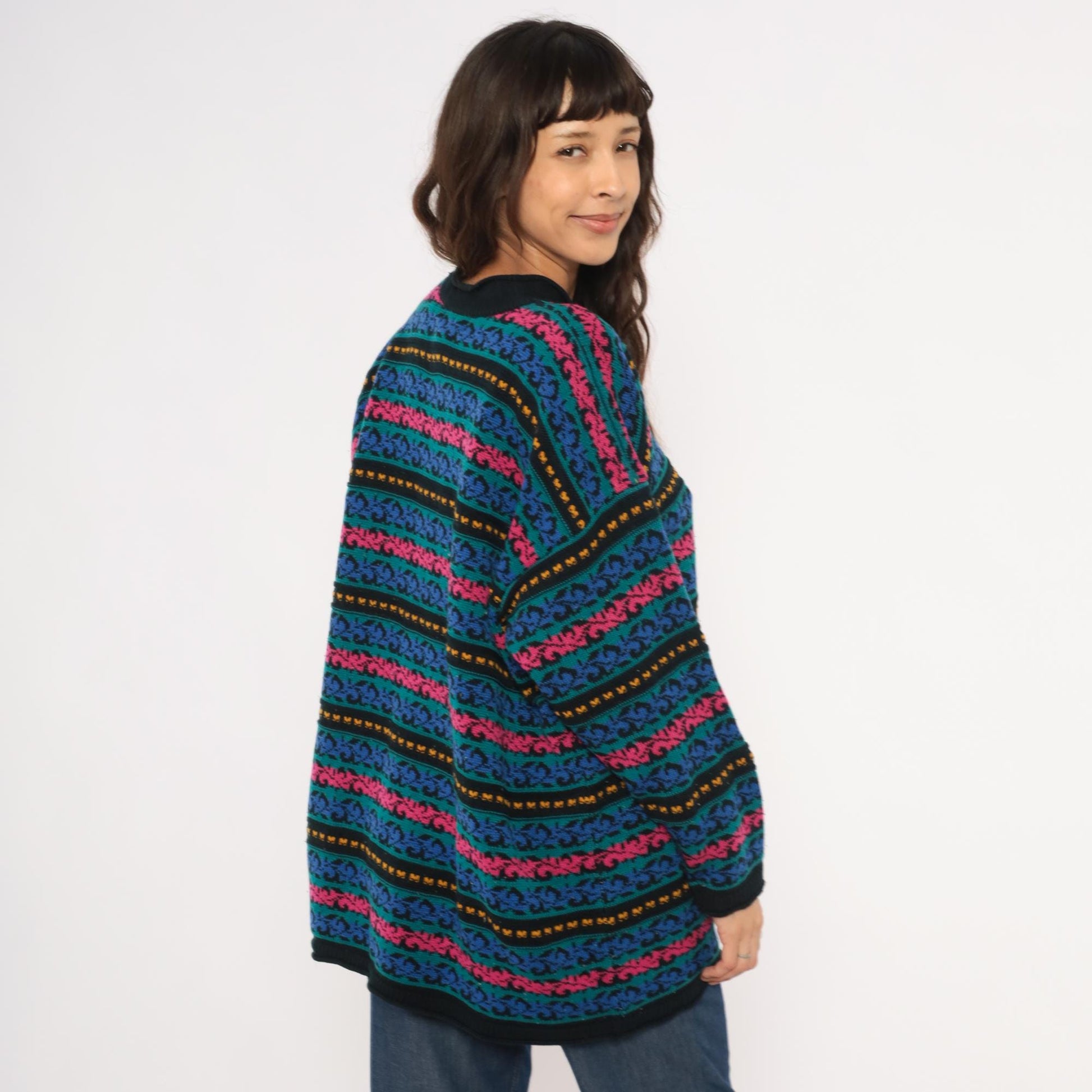 90s Jacque & Koko Jacquard Knit Sweater Teal Scroll Pattern Crew Neck Extra Large XL