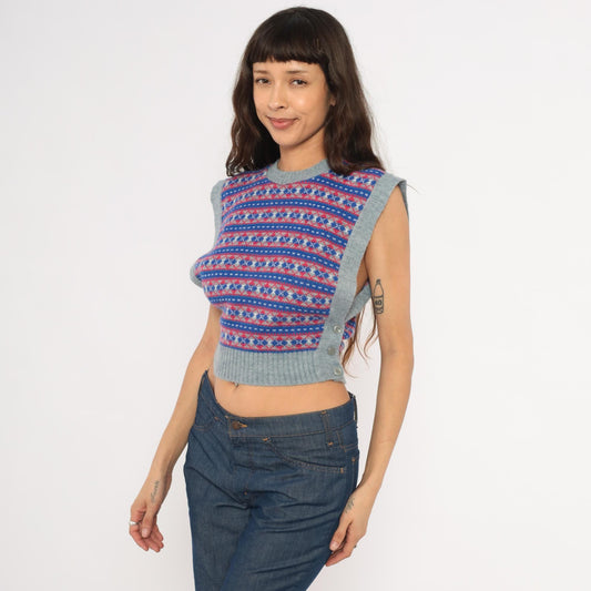 80s Fair Isle Sweater Vest Grey Blue Red Geometric Knit Cropped Extra Small XS