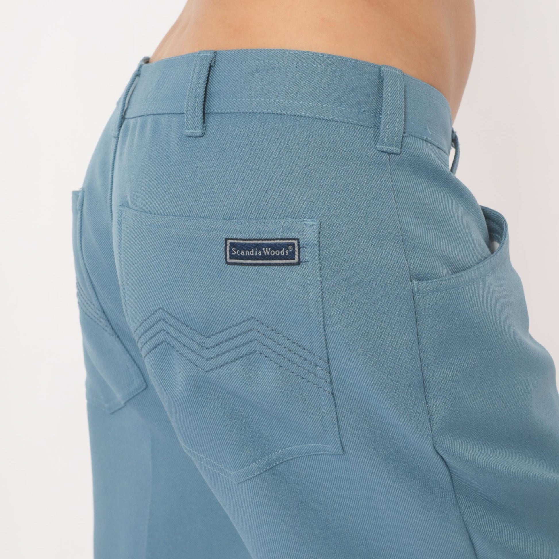 70s Scandia Woods Slate Blue Straight Leg Trousers Flat Front Chevron Stitch Mens 36
