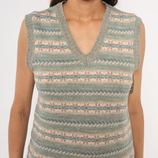 80s JJ McWays Fair Isle Sweater Vest Wool Blend Grey Pink Blue Small