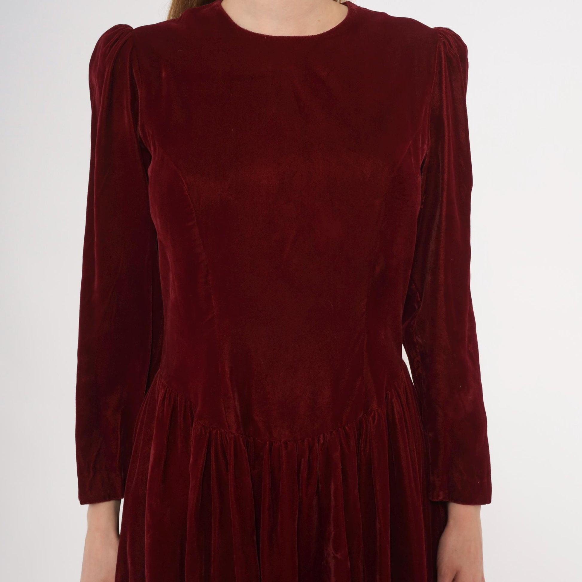 70s Burgundy Velvet Midi Dress Puff Sleeve Fitted Waist Small