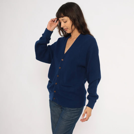 70s Navy Button Front Cardigan V Neck Patch Pocket Knit Small