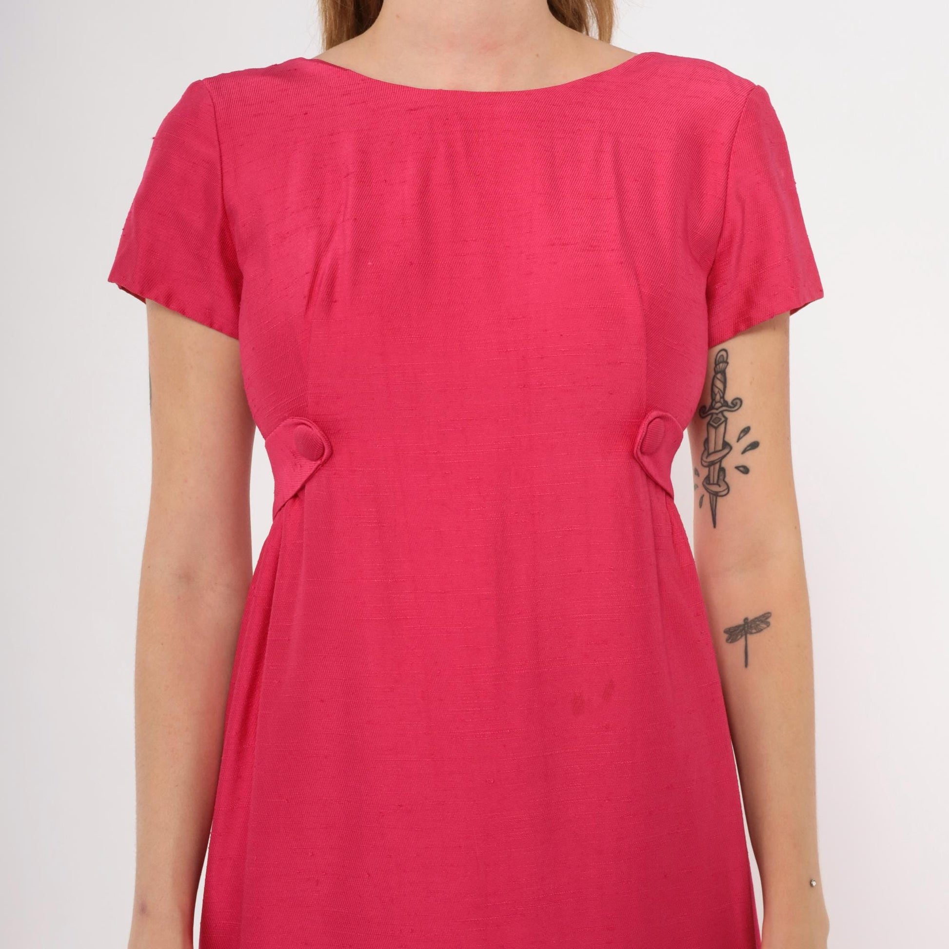 60s Emma Domb Fuchsia Empire Waist Maxi Gown Cap Sleeve Extra Small XS