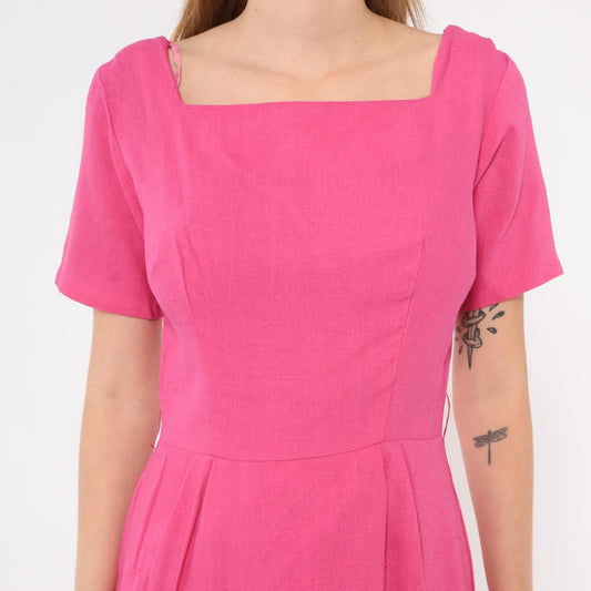 80s Fuchsia Linen Cotton Sheath Dress Square Neckline Pleated Waist Small S