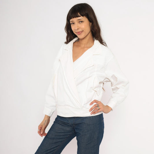 80s Together White Cotton Wrap Jacket Cropped Blouson Medium M