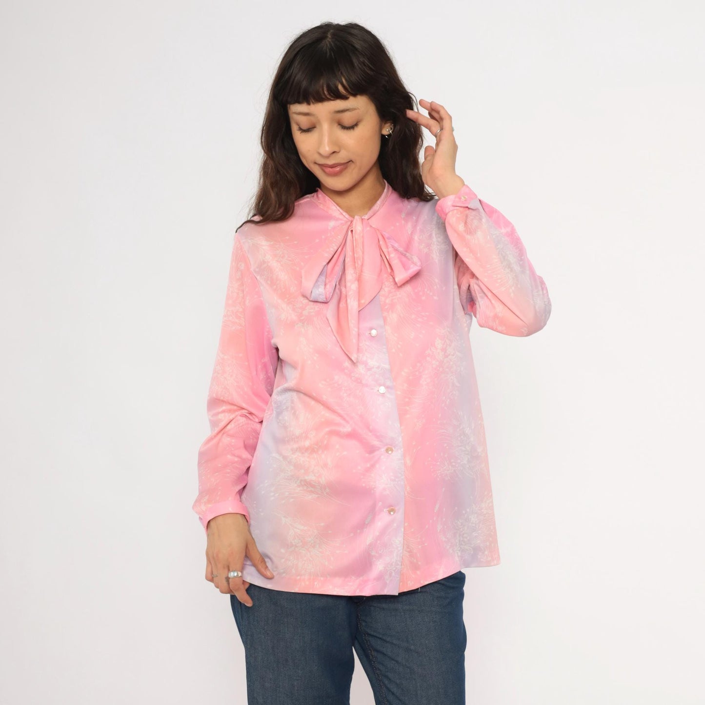 70s Pink Lavender Floral Pussy Bow Blouse Pearl Snap Button Front Medium M