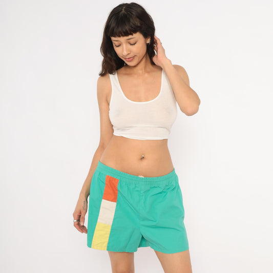 80s Freestyle Color Block Swim Trunks Teal Orange Yellow Men's Large