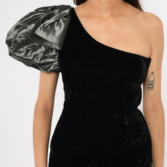 80s Alyce Designs One-Shoulder Velvet Gown Black Mermaid Hem Puff Sleeve Extra Small XS