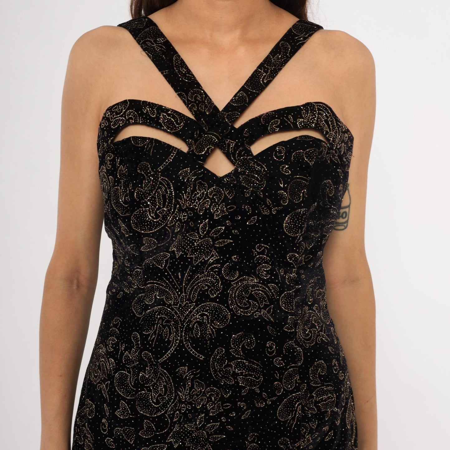 90s Roberta Black Velvet Gold Glitter Paisley Mini Dress Cutout Small S