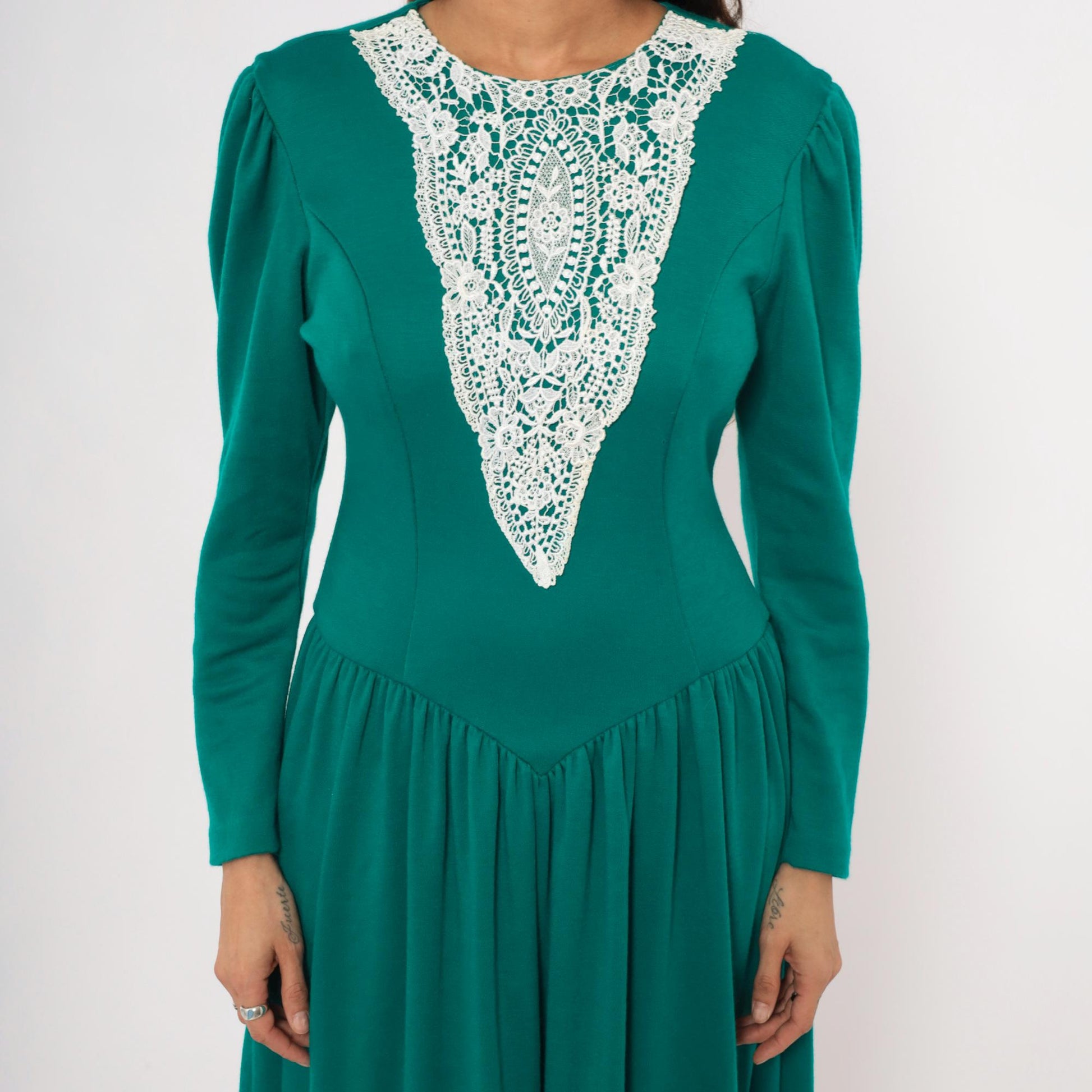 80s Expo Teal Midi Dress Lace Bib Puff Sleeve Fitted Bodice Medium M