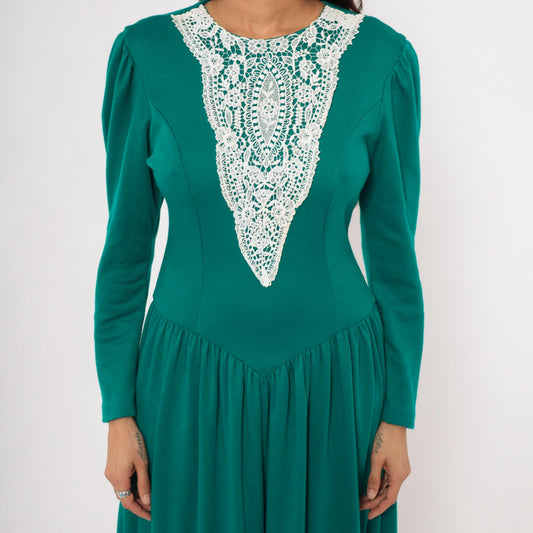 80s Expo Teal Midi Dress Lace Bib Puff Sleeve Fitted Bodice Medium M
