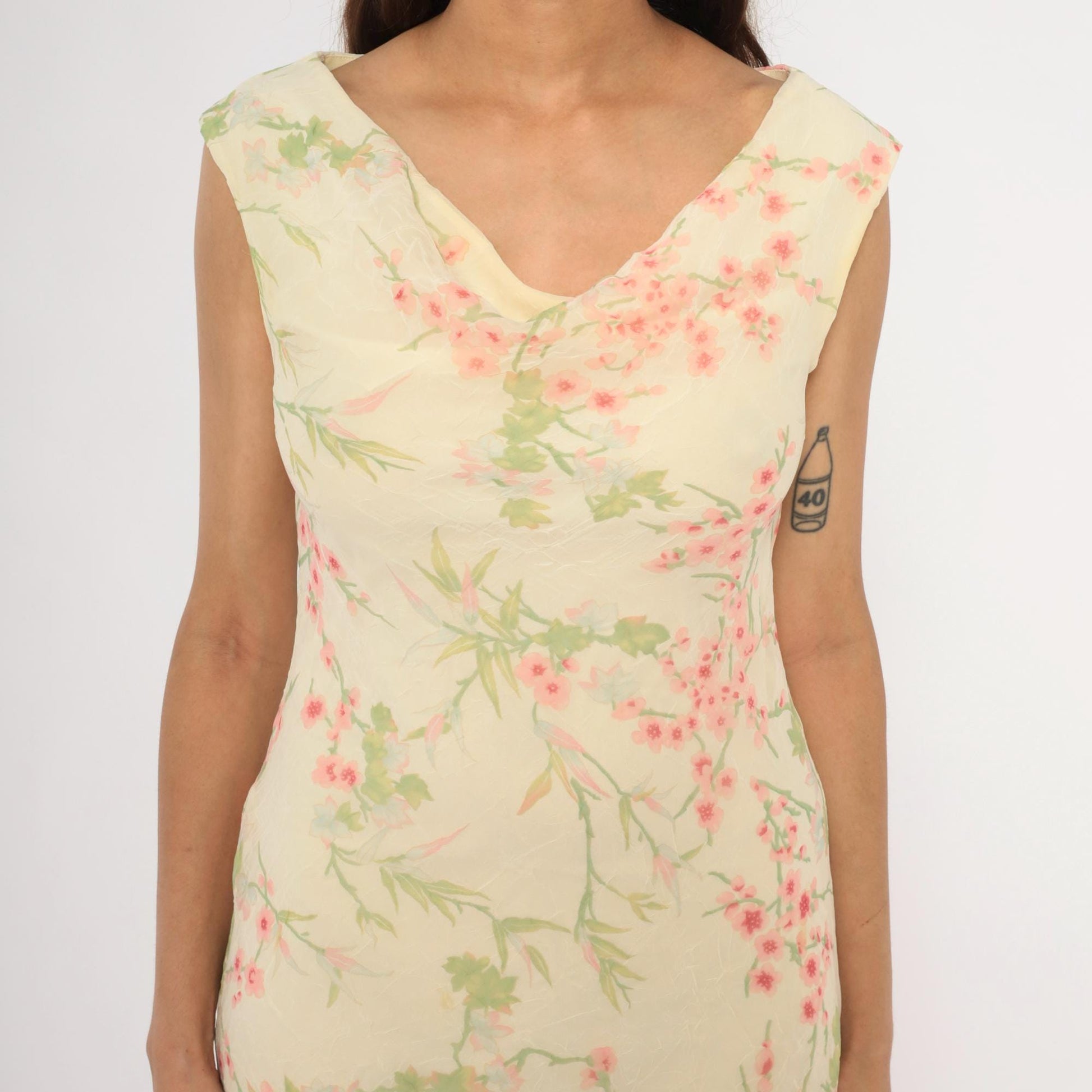 90s City Triangles Cherry Blossom Chiffon Dress Pink Cream Medium M