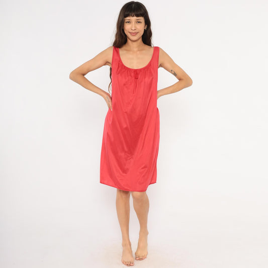 80s Eve Moral Red Satin Nightgown Scoop Neck Knee Length Medium M