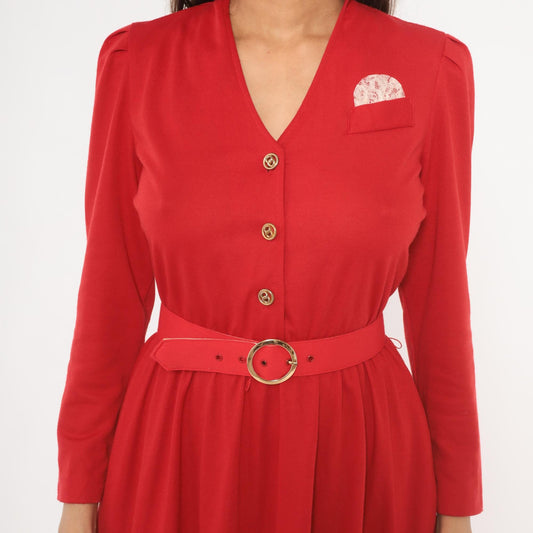 80s Tabby of California Red Day Dress Puff Sleeve V-Neck Gold Buttons Small S