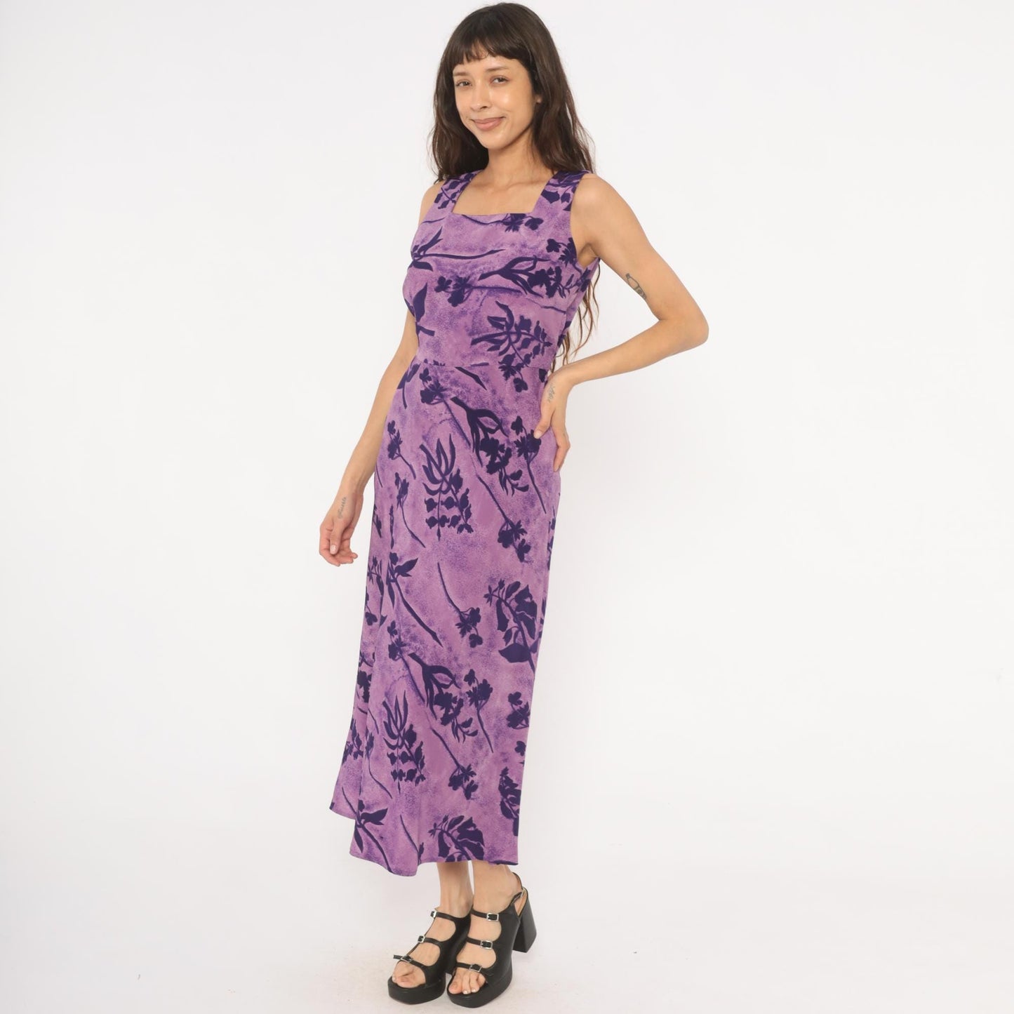 90s Jaclyn Smith Purple Floral Maxi Dress Square Neck Sleeveless Small S