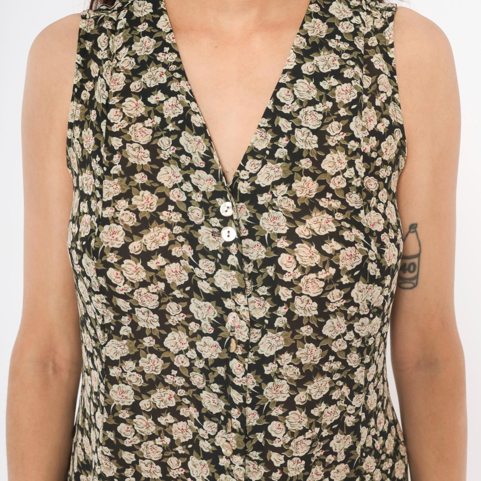 90s Express Floral Midi Dress V-Neck Black Cream Rose Print Size 9