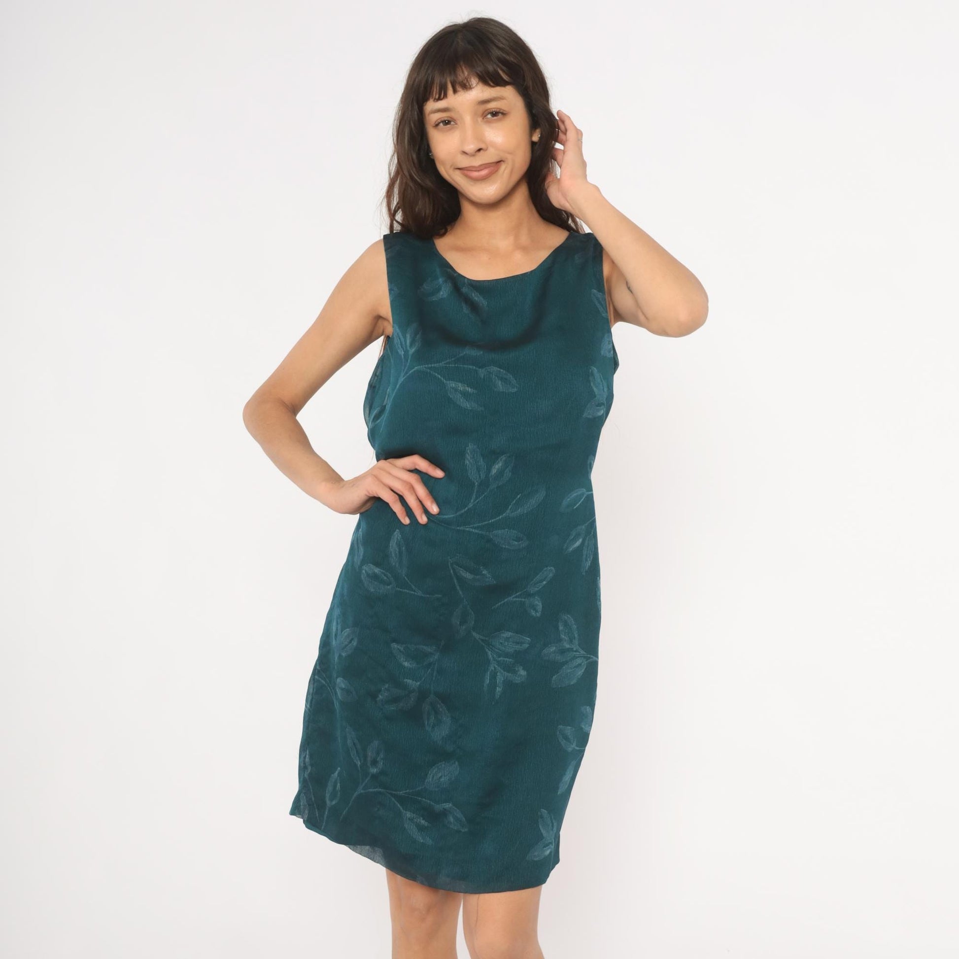 90s Norton Teal Leaf Print Sleeveless Sheath Dress Knee Length Large L