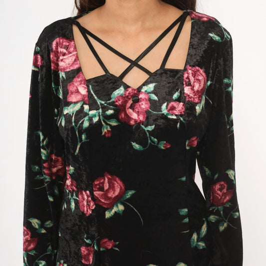 90s Jamie Brooke Velvet Mini Dress Black Rose Floral Square Neckline Large L