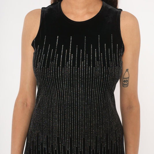 90s Ronni Nicole Black Velvet Midi Dress Silver Beaded Small S