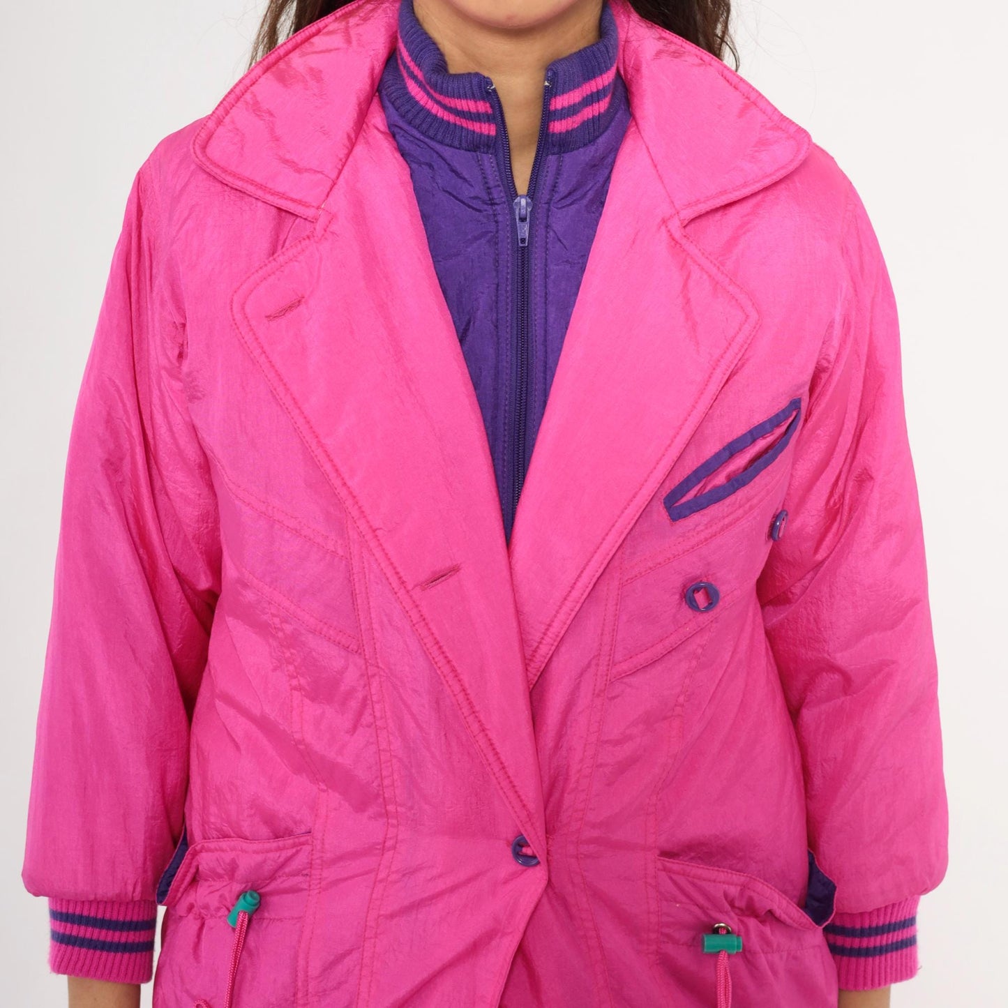 90s Survival Club Hot Pink Nylon Windbreaker Double Breasted Purple Lined XS