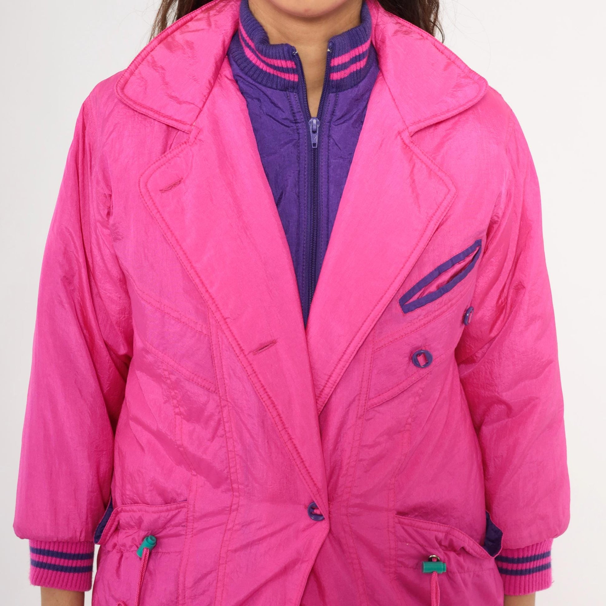 90s Survival Club Hot Pink Nylon Windbreaker Double Breasted Purple Lined XS