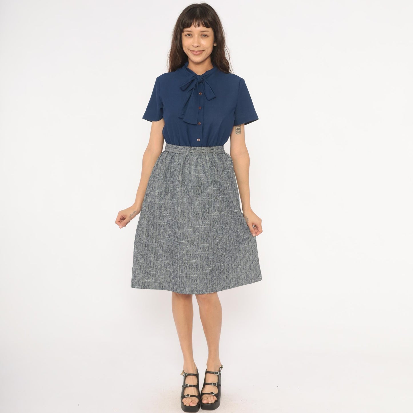 70s Sherri Lynn Navy Bow Tie Blouse Tweed A-Line Dress Knee Length Small