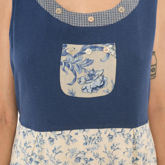 90s Napa Valley Floral Jumper Dress Blue Cream Linen Midi Large L