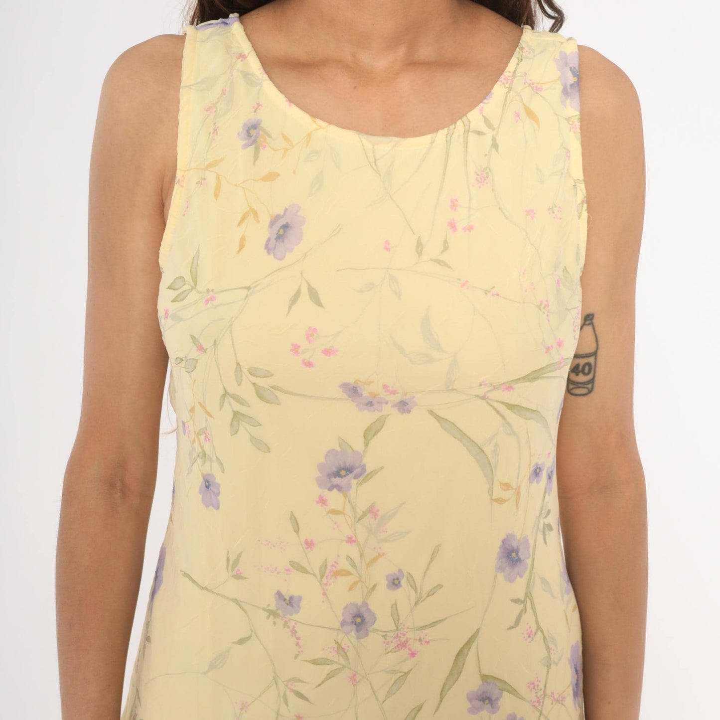 90s City Triangles Floral Chiffon A-Line Dress Yellow Lavender Small