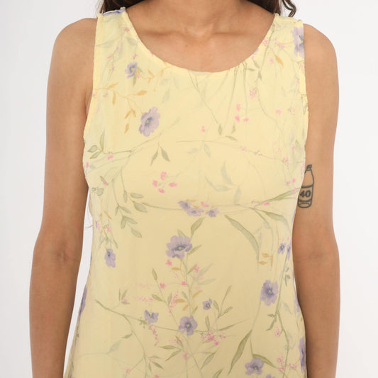 90s City Triangles Floral Chiffon A-Line Dress Yellow Lavender Small