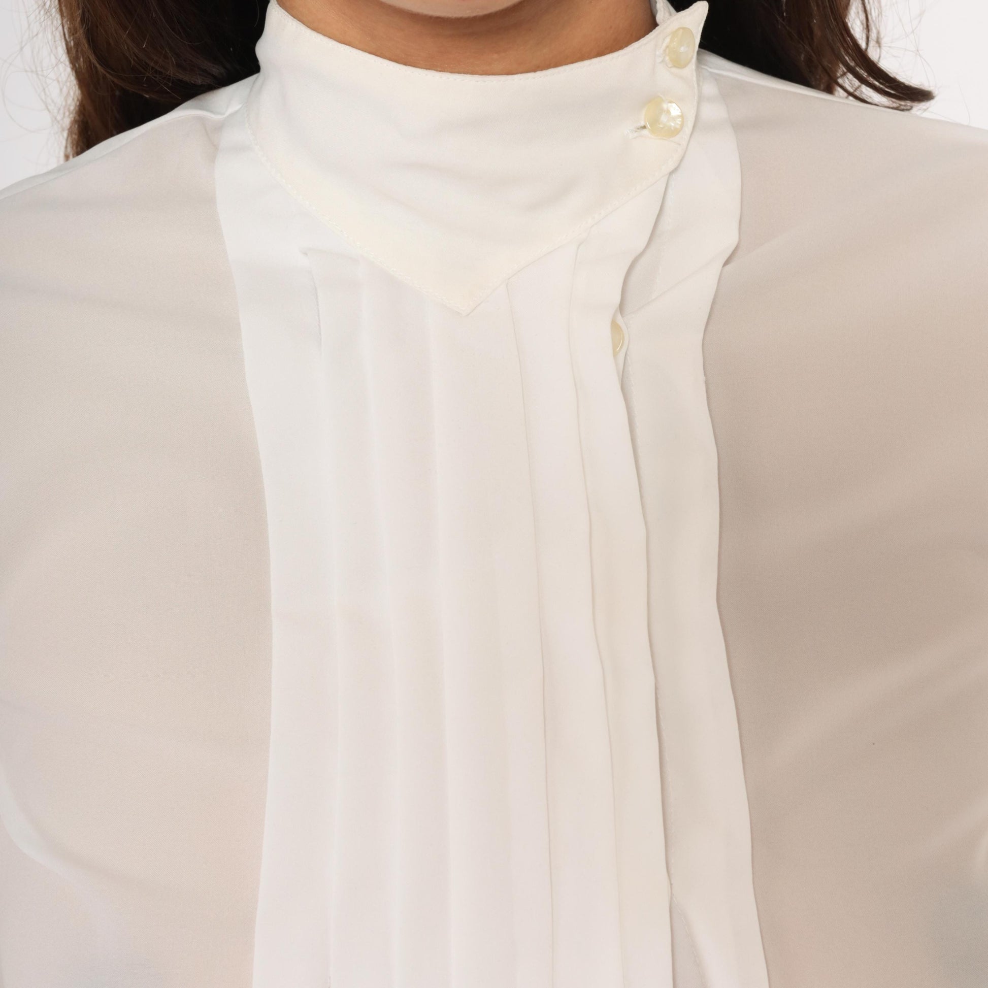 80s Kanga Sport White Pintuck Blouse Puff Sleeve High Collar Small S
