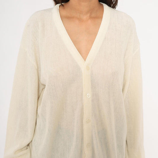 80s Jantzen Ivory Sheer Knit Cardigan V-Neck Button-Up Cream Large L