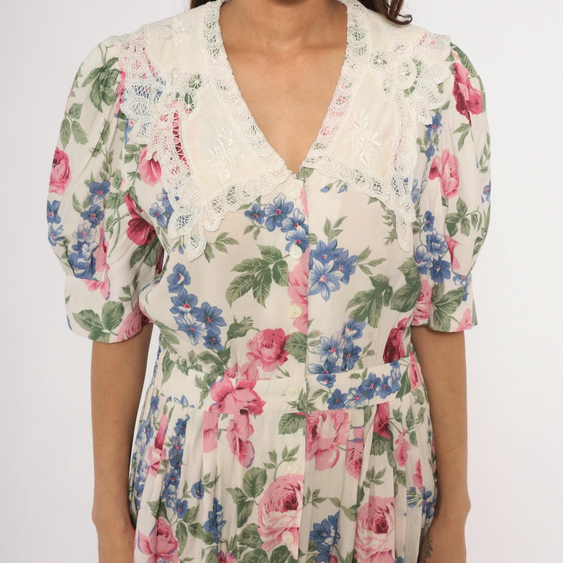 90s Karin Stevens Floral Midi Dress Lace Collar Puff Sleeve Pink Rose Large L