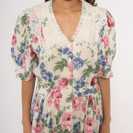 90s Karin Stevens Floral Midi Dress Lace Collar Puff Sleeve Pink Rose Large L