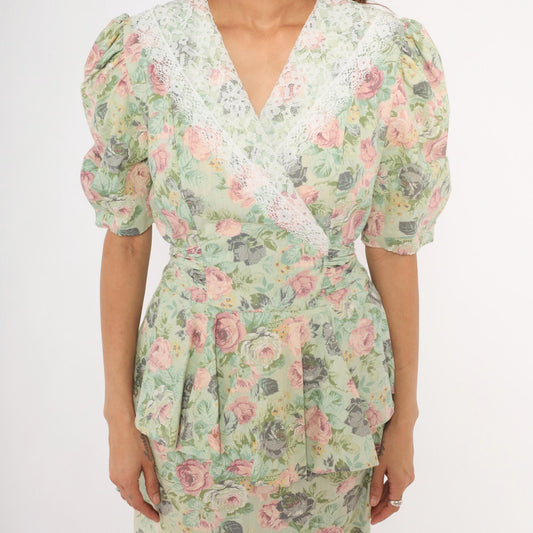 90s Sage Floral Peplum Dress Pink Rose Lace Collar Puff Sleeve Medium M