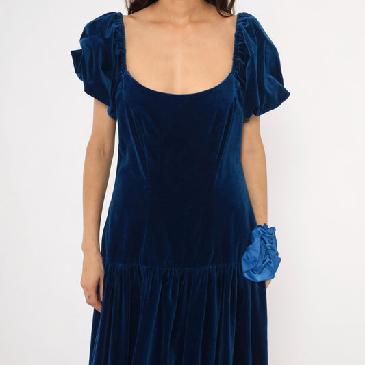 80s Bianchi Navy Velvet Maxi Gown Puff Sleeve Drop Waist Rosette Large L