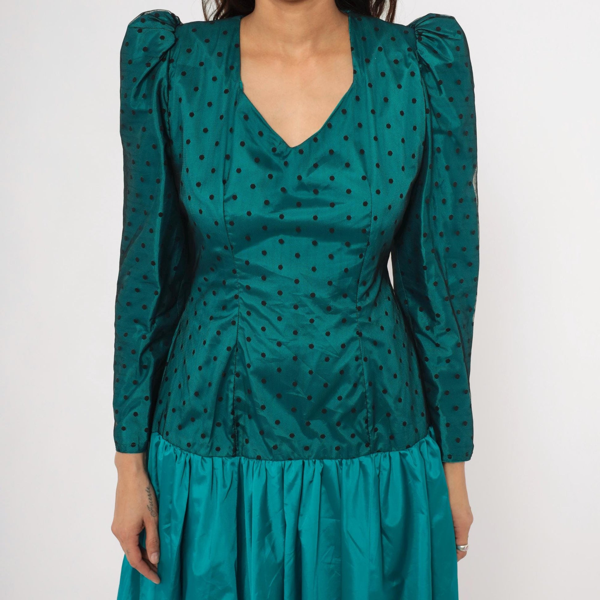 80s Milt Russell Original Teal Polka Dot Puff Sleeve Gown High-Low Medium M