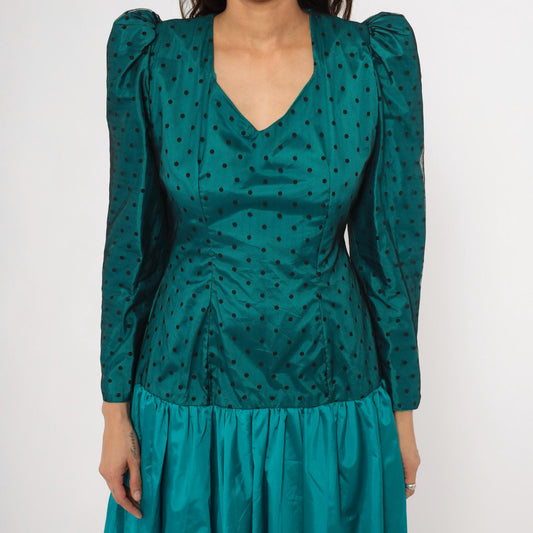 80s Milt Russell Original Teal Polka Dot Puff Sleeve Gown High-Low Medium M