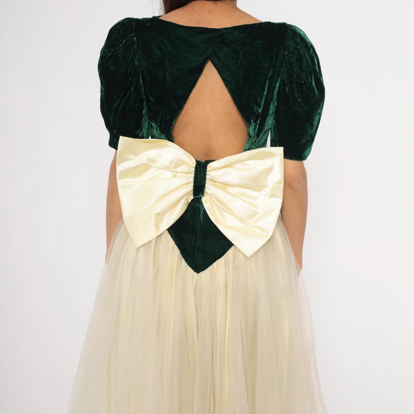 80s Emerald Velvet Puff Sleeve Gown Cream Tulle Skirt Basque Waist Medium M