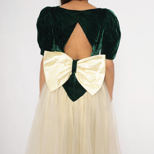 80s Emerald Velvet Puff Sleeve Gown Cream Tulle Skirt Basque Waist Medium M